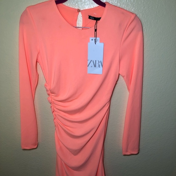 Zara Mini Draped Long Sleeve Dress Neon Orange Size XS - Picture 4 of 9